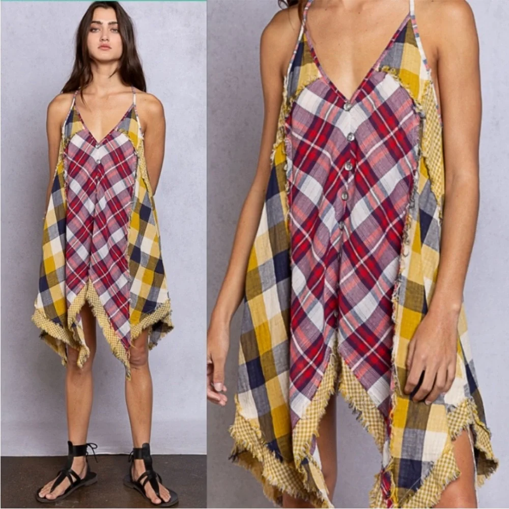 POL Plaid Patchwork Slip Dress - Red, Yellow, Blue - Picture 5 of 6